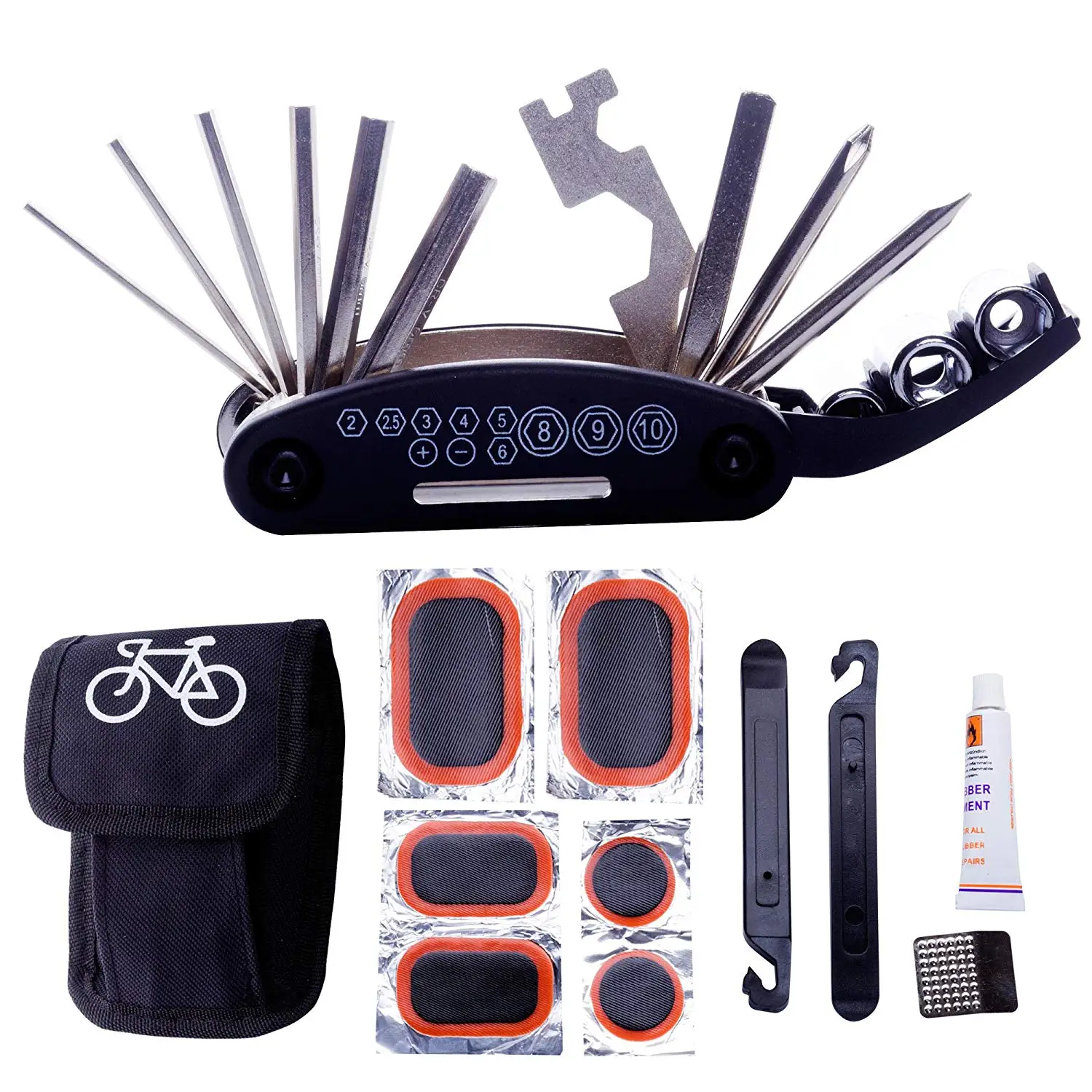 

Bike Repair Tool Kits - 16 in 1 Multifunction Bicycle Mechanic Fix Tools Set Bag with Tire Patch Levers black