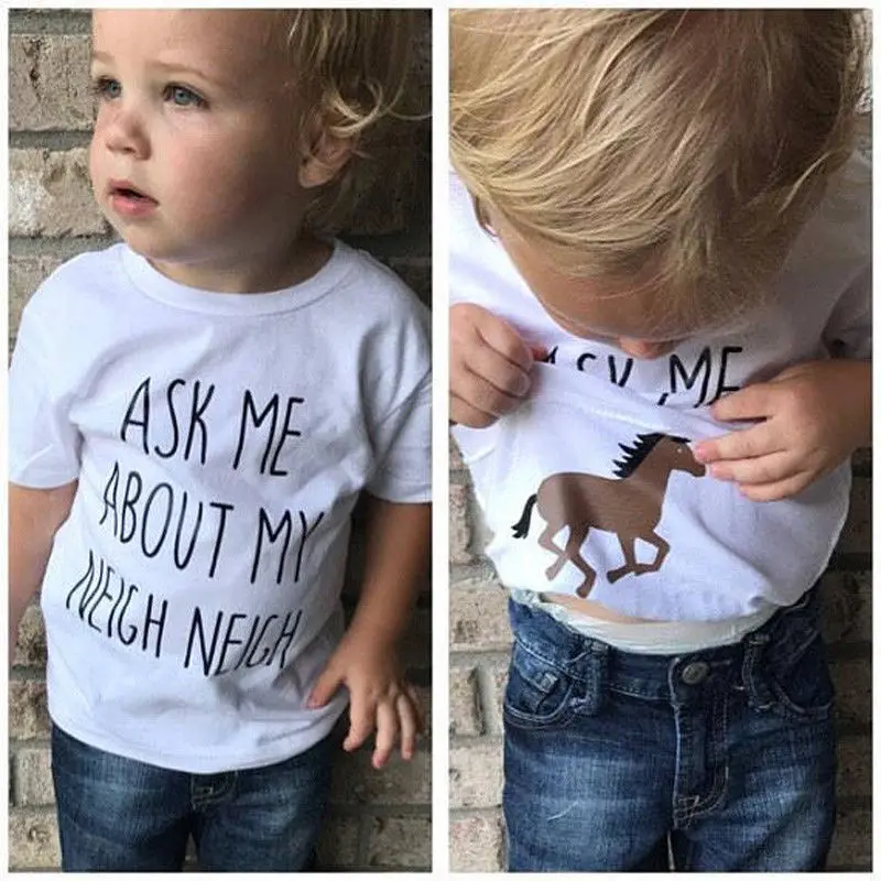 

Creative Two Side Wearing Toddler Baby Boy Girls Horse Inside ASK ME Letters Outside T-shirt Tops Clothes Blouse T-shirts Tees