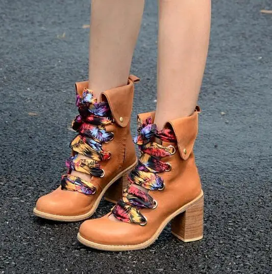 

Retro hollow real leather Ribbon lace up high top boots chunky heel Ribbon lace up ankle boots red brown black colors