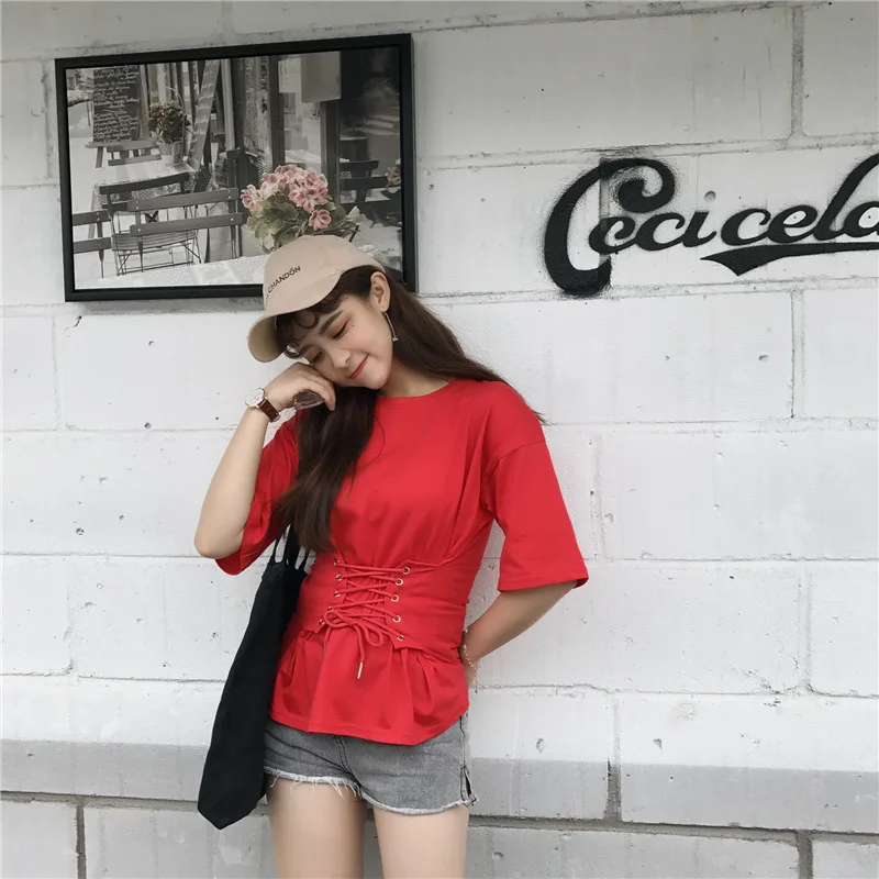 

2018 summer spring new solid color o-neck Lace waist skinny fit half sleeve women queens t shirt white red black