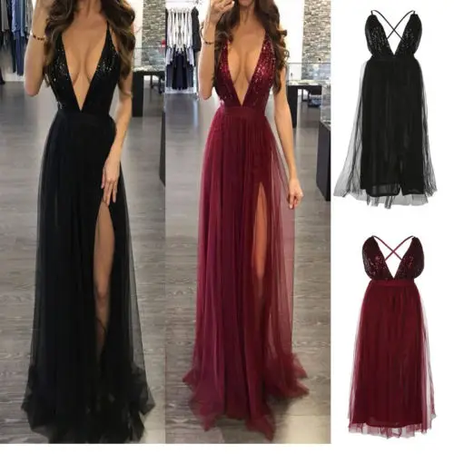 

Women's BOHO Sequined Long Maxi Evening Deep V-neck Sleeveless Party Summer Bandage Blackless Split Dress