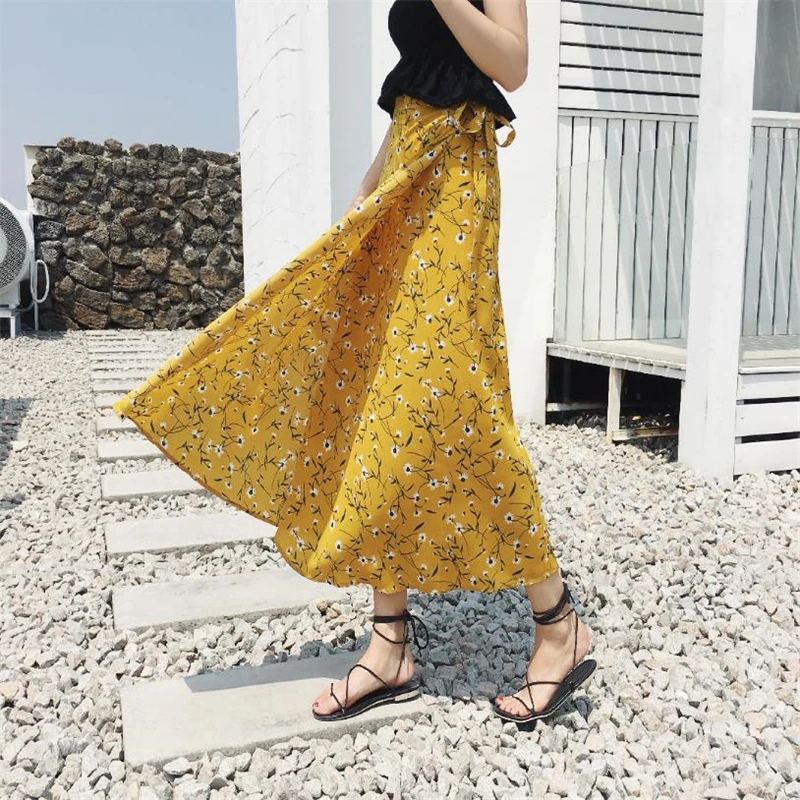 

Summer Chic Chiffon Skirt Women Mid-Calf Print Lace Up Skirt Casual Adjustable Waist Ladies Chiffon Flower Print A-Line Skir