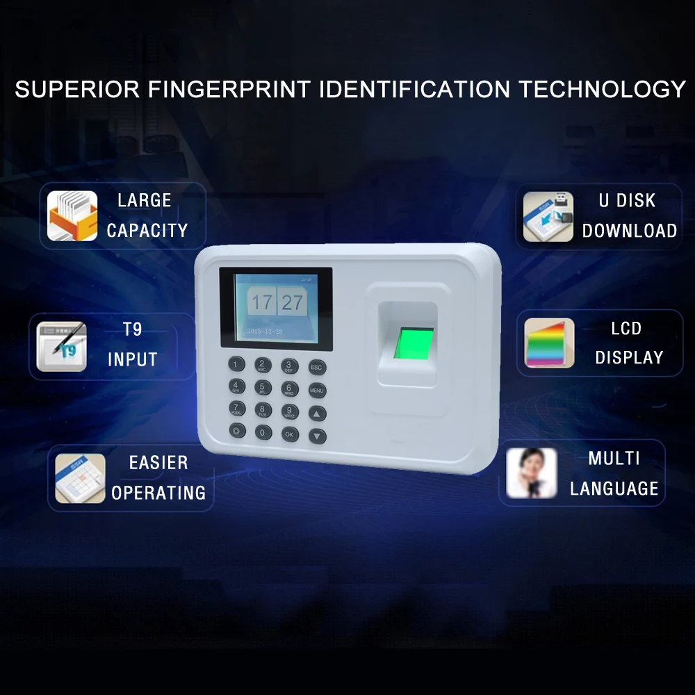 Интеллектуальное биометрическое устройство для записи отпечатков пальцев, устройство для проверки рабочего места, 2,4 дюймовый TFT ЖК-экран, 5 в постоянного тока