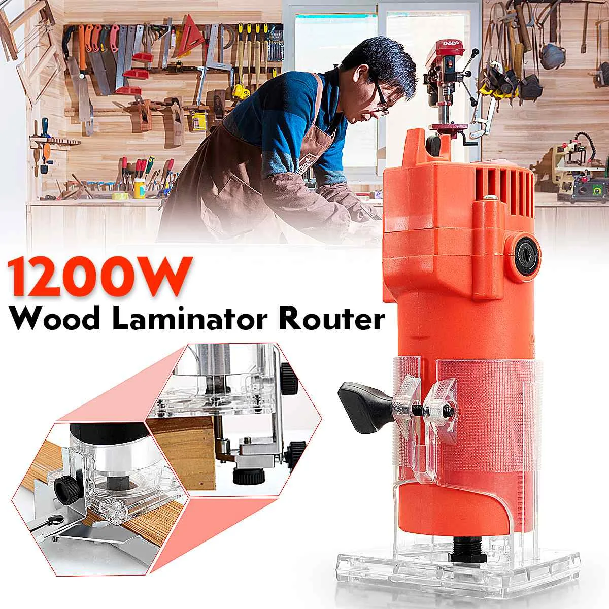 

35000r/min 1200W 220V Electric Wood Laminator Router Joiners Trimmer Tool Set Aluminum+Plastic 6mm Collet Diameter Lift knob