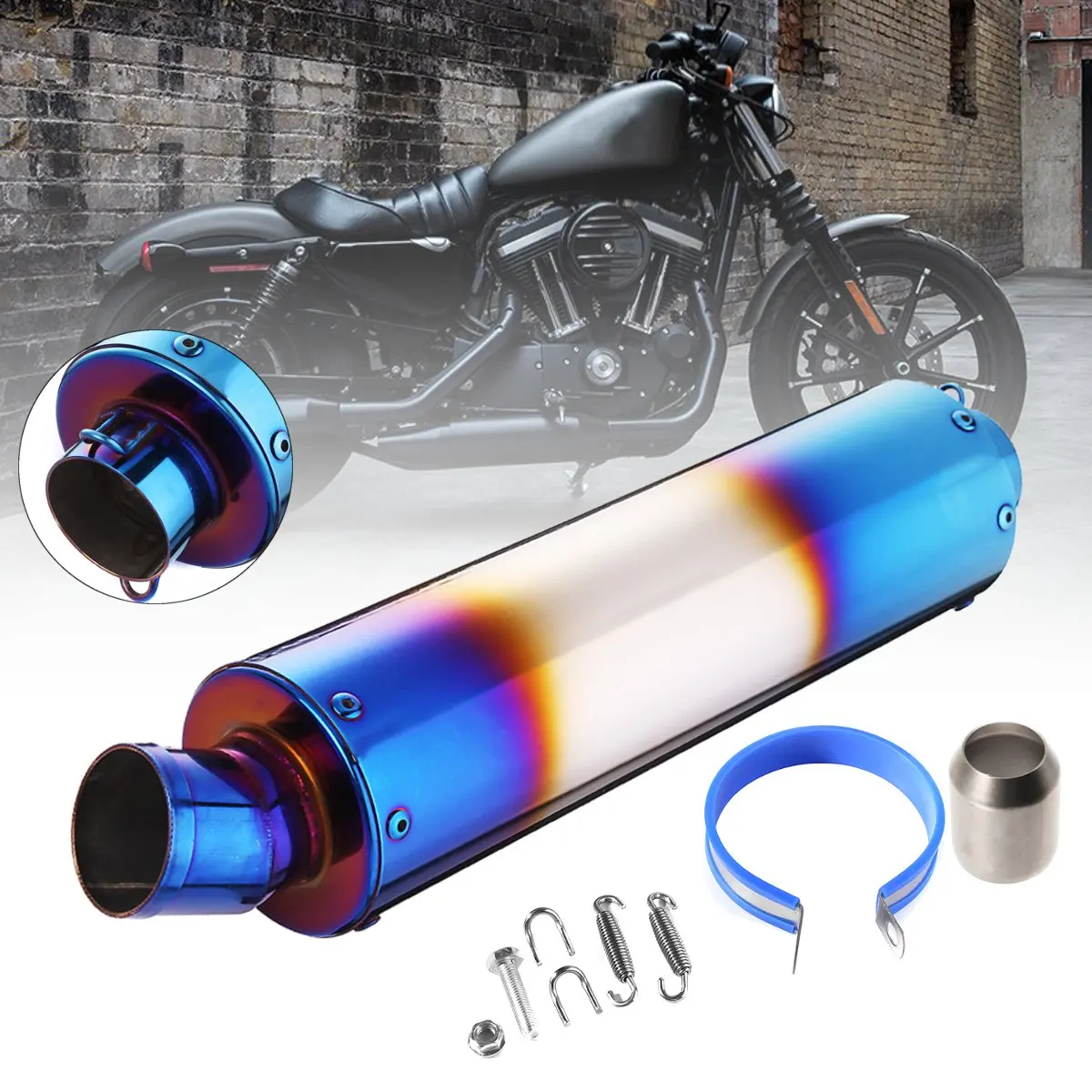 

38-48mm Motorcycle Scooter Exhaust Muffler Pipe 420mm Grilled Blue Stainless Steel Exhaust Pipe End with Clamp for Universal car
