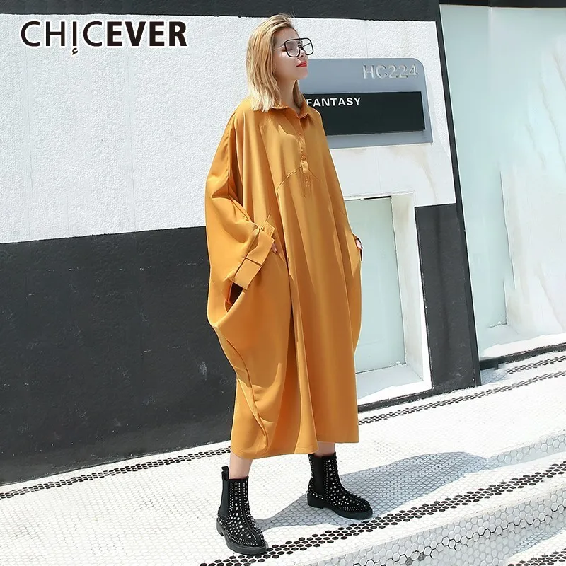

CHICEVER Spring Women Shirt Dress Lapel Batwing Sleeve Button Pockets Loose Oversize Mid-calf Female Dresses 2019 Fashion New