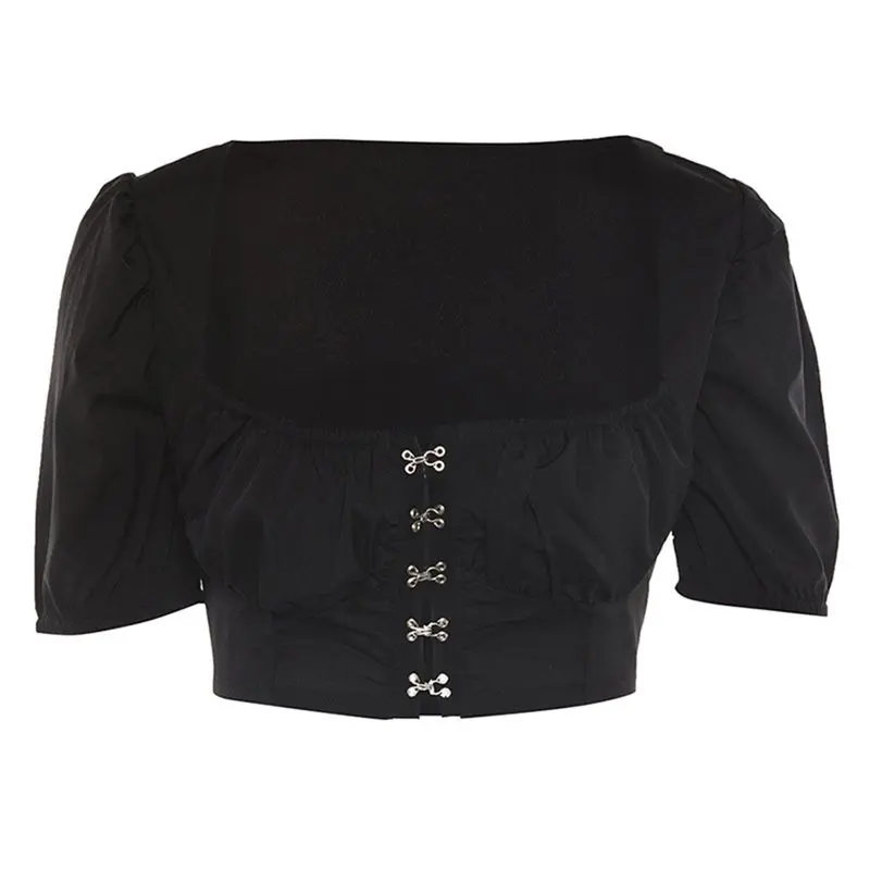 

Women T-shirts Sexy Gothic Chic Black Office Lady Elegant Punk Slim Puff Sleeve Solid Button Square Neck Female White Tops