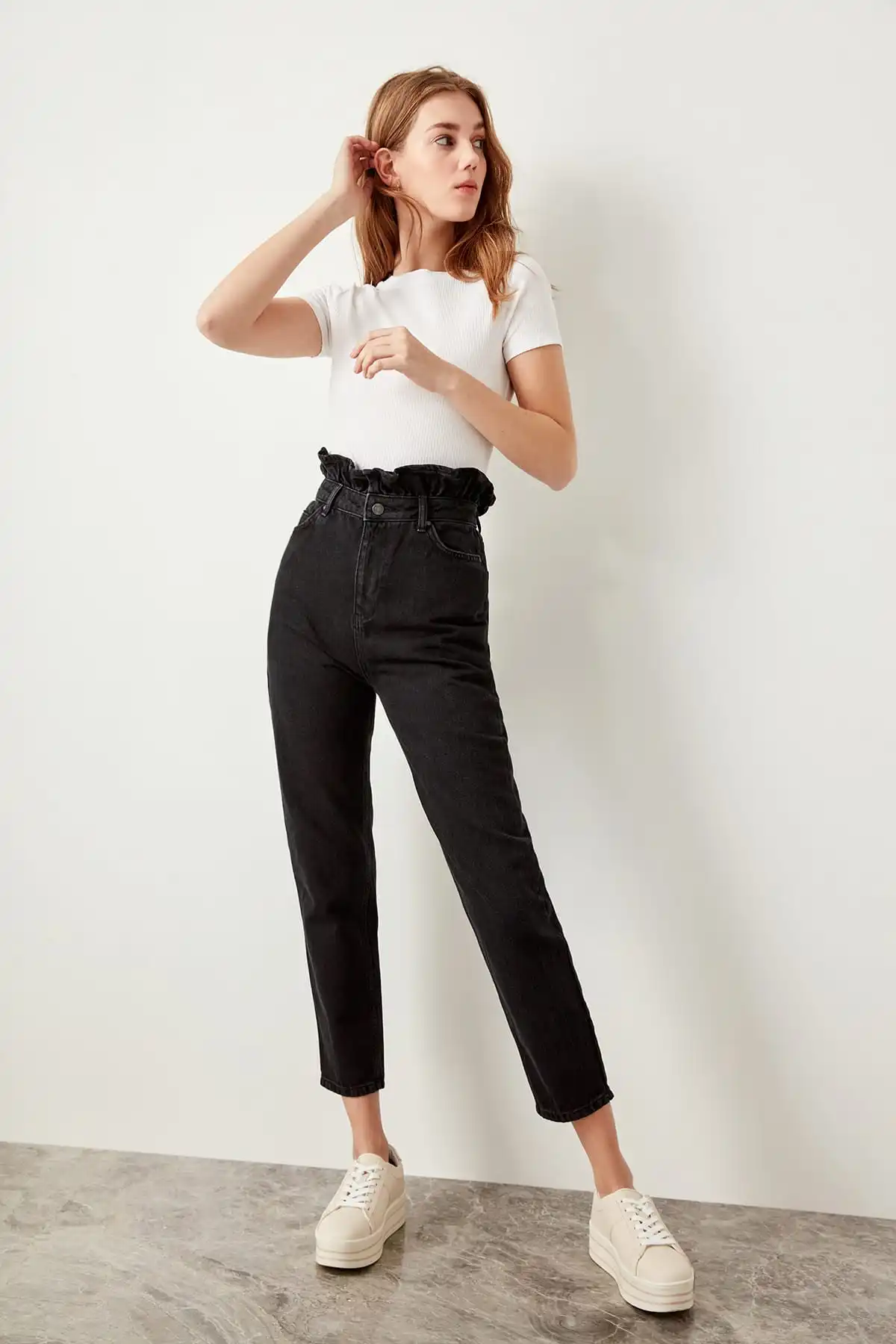 

Trendyol Black waist ruffles Advanced Super Mom Jeans High Waist TCLSS19LR0016