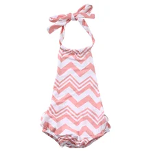 Полосатый комбинезон с лямкой на шее для девочек, Милый Цельный Сарафан наряд с оборками спортивный костюм, купальный костюм