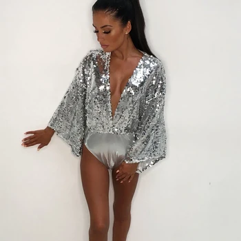 

Sexy sequins Women one piece bodysuits rompers beachwear Summer fashion Deep V Neck Flare sleeve Skinny Bathing Clothes Holiday