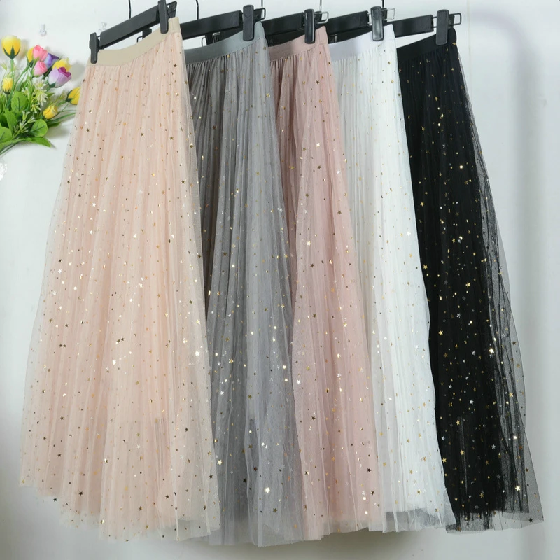 

Korean Stars Sequined Puff Layered Tulle Tutu Long Skirts Spring Galaxy Mesh Starry Metallic Sweet Fairy Pleated Long Skirts