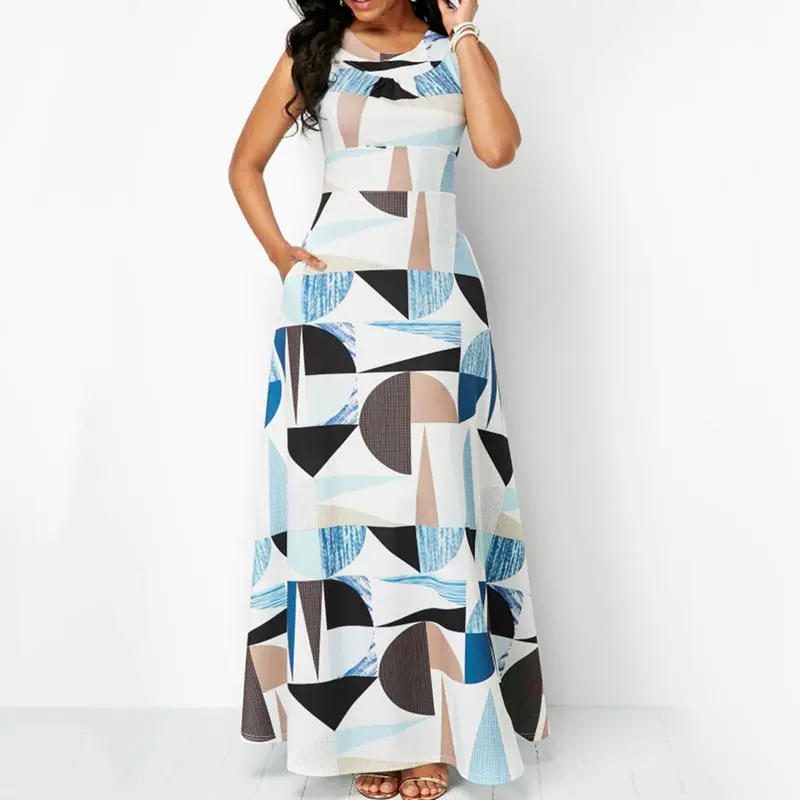 

Travel Beach Summer Sexy Club Elegant White Women Long Dresses Plus Size Aline Geometric Hollow Backless Print Female Maxi Dress