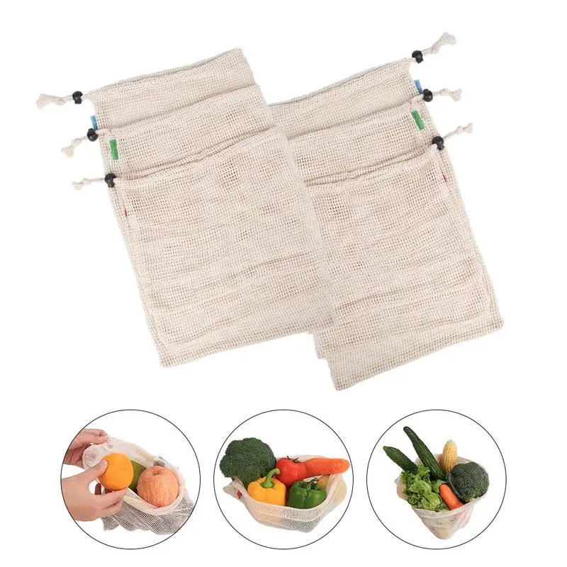 

6Pcs Reusable Cotton Mesh Vegetables Storage Bags for Kitchen Eco-friendly Fruit And Vegetable Organization Bag with Drawstring