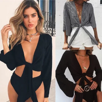 

Hot Sale Women Girls Fashion Summer Casual Comfy Chic Blouse Deep V Neck Knot Blouse