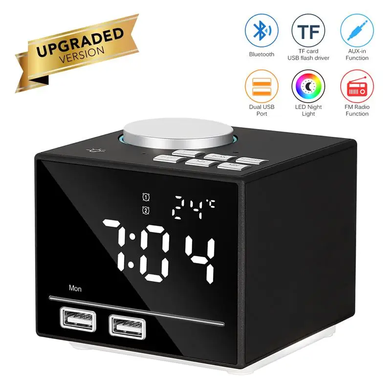 

Multi-function Smart Alarm Clock Bluetooth Speaker With LED Bedside Light FM Radio Indoor Dual USB Port Charger UK/EU/US Plug