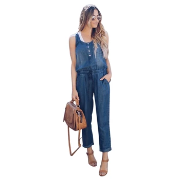 

Women Solid O-Neck Sleeveless Drawstring Elastic Waist Denim Jumpsuit Ladies Casual Long Pants Holiday Playsuit Harem Trousers