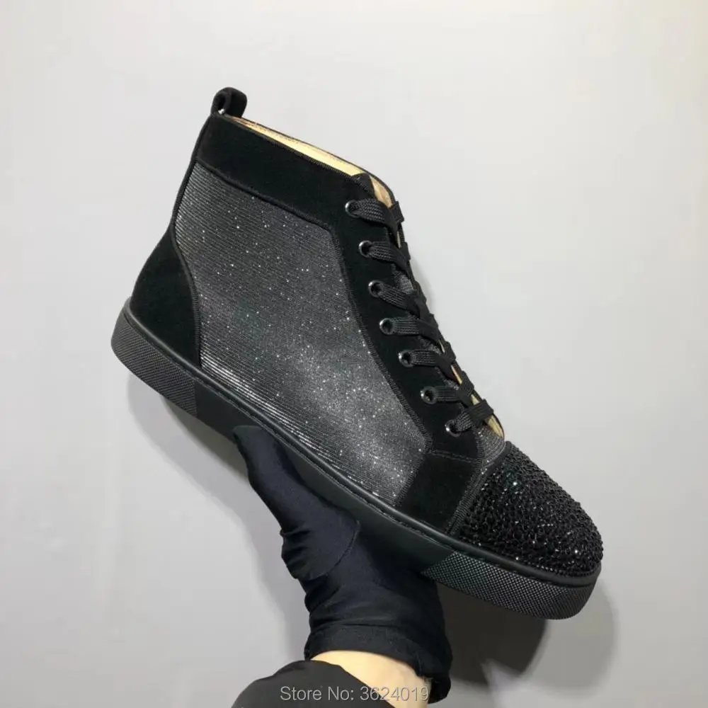 

High-Top cl andgz Black Suede Rhinestone diamond Rivet Lace-up Red bottoms For Man Shoes Sneakers Leather Loafers Flat 2018