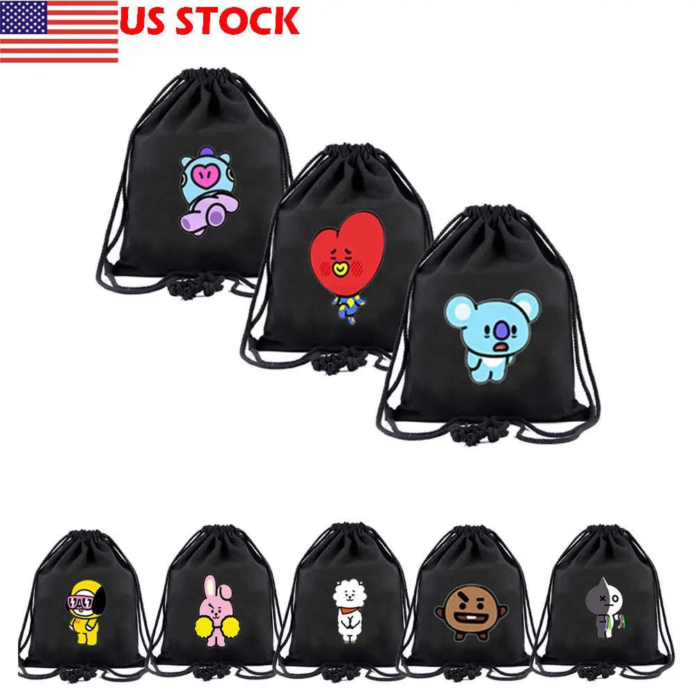 

KPOP BTS BT21 Printed Drawstring Bag Canvas Backpack Lightweight Beam Bags Gift Draw String Carry Sack Storage Bags