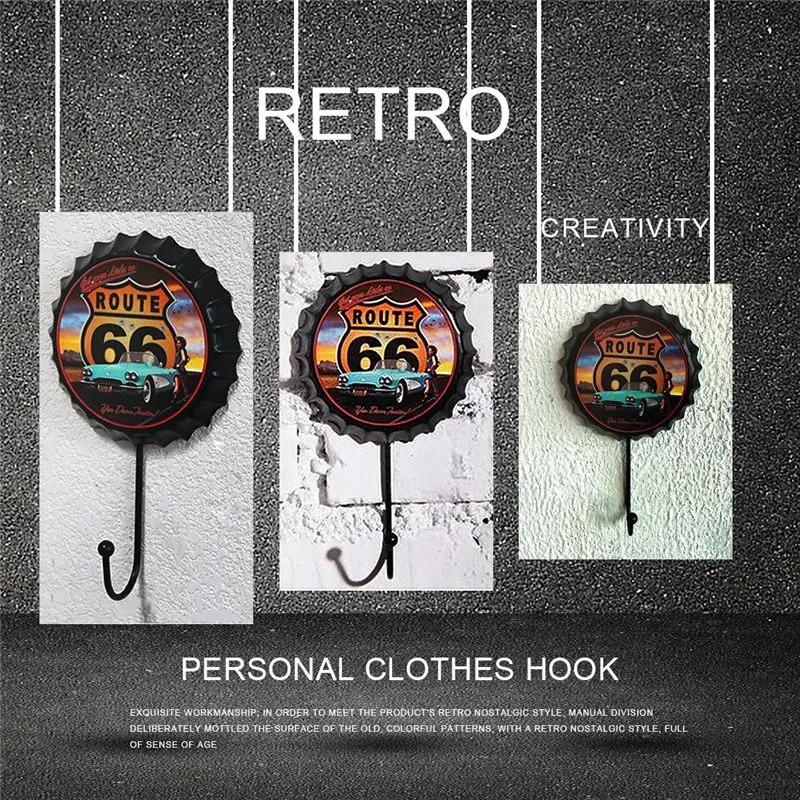 

New Retro Creative Beer Cover Hook "ROUTE 66" Character Personality Hook Dressing Room Clothes Hook Home Wall Crafts Iron Deco