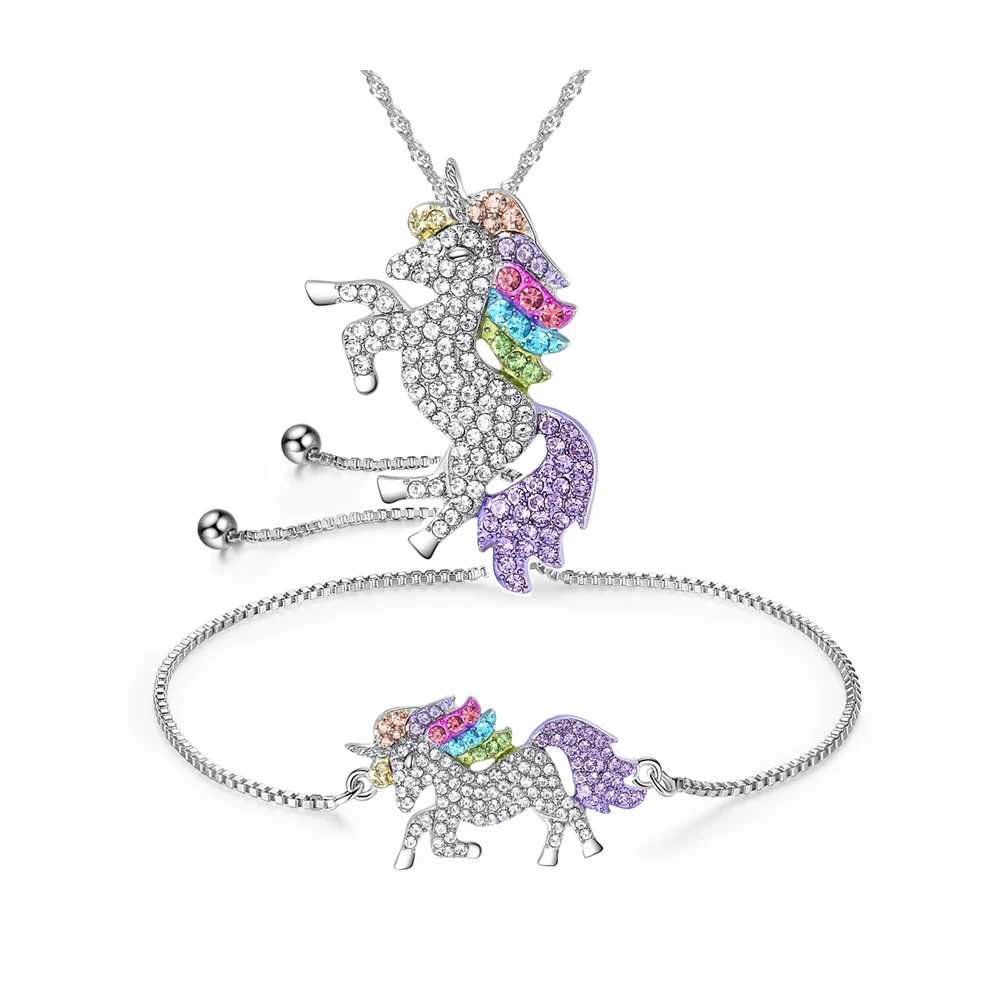 

1 set Colorful Unicorn Animal Crystal Bracelets&Necklaces For Women Girls gift Rhodium Plated Jewelry a sets A27