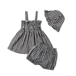 Одежда для маленьких девочек, хлопковое клетчатое платье без рукавов для новорожденных девочек + шорты, штаны, шапочка, комплект одежды