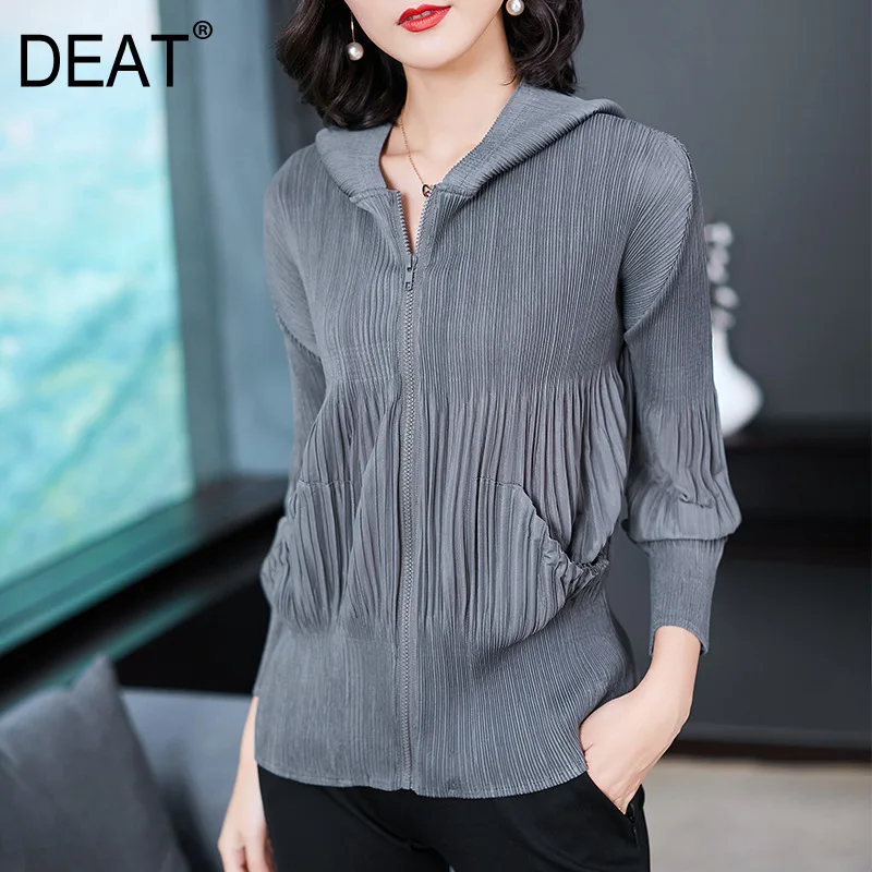 

[DEAT] 2019 New Women Pleated Hooded Sweatshirt Casual Loose Zipper Full Sleeve Patchwork Female Short Coat Gray Color NA929