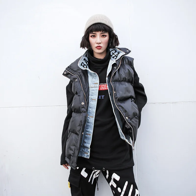 Coréenne Dames Denim Lulu Manteau Noir Hiver Puffer Gilet Style Chaud Streetwear Femme Patchwork De Femmes Luxe Max Rembourré hQrtsd