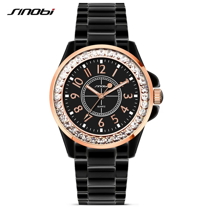 

New SINOBI Bling Diamonds Rhinestone Luxury Ceramic-White Style Ladies Dress Watch Women Fashion Wristwatch Gifts