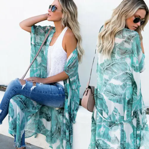 2019 Women Boho Kimono Cardigan Kaftan Shawl Print Beach  Cover Up Coat Long Shirts