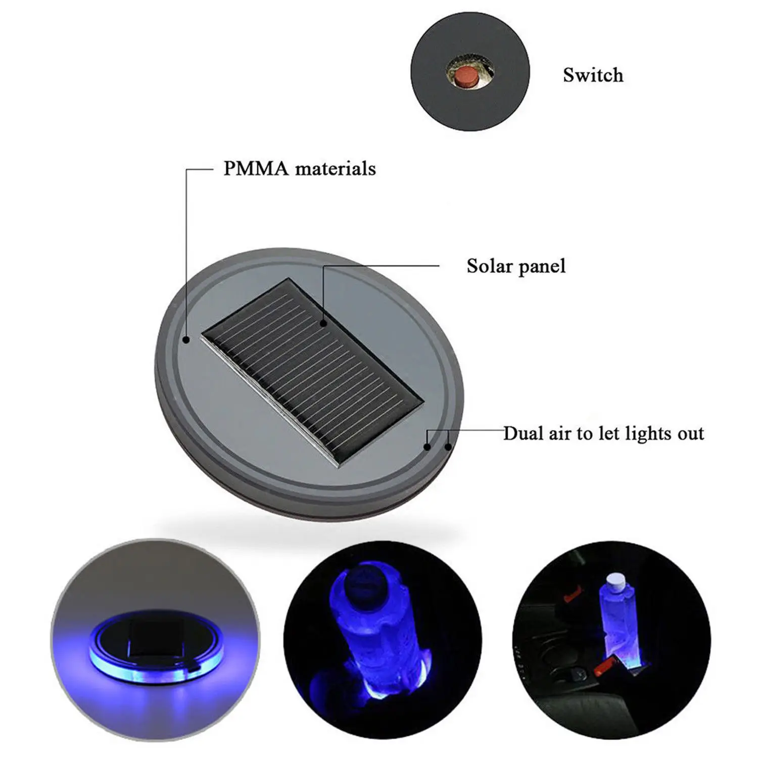 

1PC Solar Energy Cup Mat Coaster Waterproof Anti-slip Mug Pad Holder Interior Decoration Atmosphere LED Light For Car