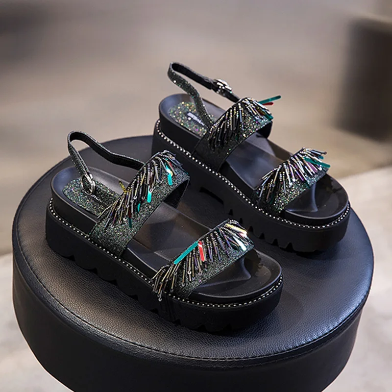 SWYIVY Chunky Sandals Shoes Woman Summer Platform Casual Shoes Black 2019 New Rhinestone Lady Sandals For Woman Wedge Shoes SWYIVY Chunky Sandals Shoes Woman Summer Platform Casual Shoes Black 2019 New Rhinestone Lady Sandals For Woman Wedge Shoes