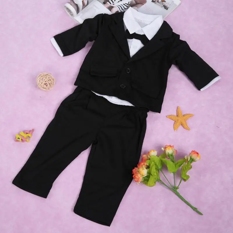 Костюм из 3 предметов для маленьких мальчиков, костюм джентльмена с длинным рукавом и галстуком-бабочкой, деловые костюмы для мальчиков на день рождения, черные комплекты одежды для новорожденных
