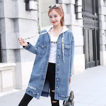 

#3226 2019 Spring Long Denim Jacket Women Plus Size Fashion Loose Letter Windbreaker Jacket Female Hooded Casual Jaqueta Jeans