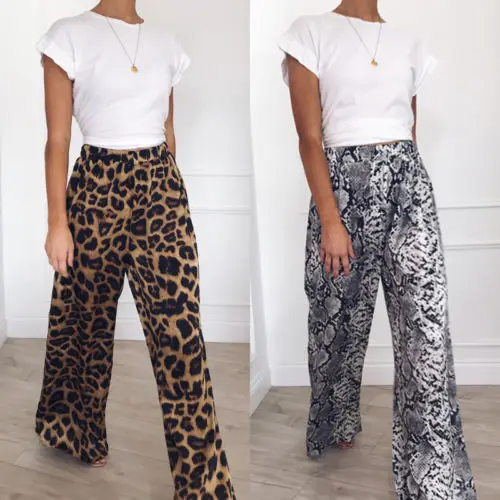 

Fashion Women's New Palazzo Leopard Flared Wide Leg Pants Casaul High Waist Ladies Career Long Trousers