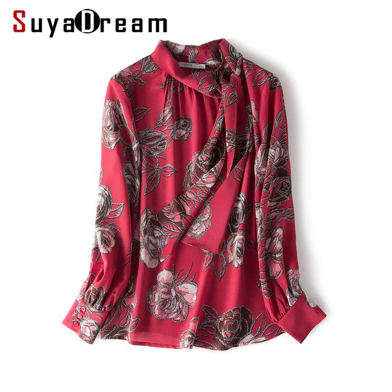 Для женщин шелковая Blouse100 % натуральный шелк креп блузки с принтом воротником