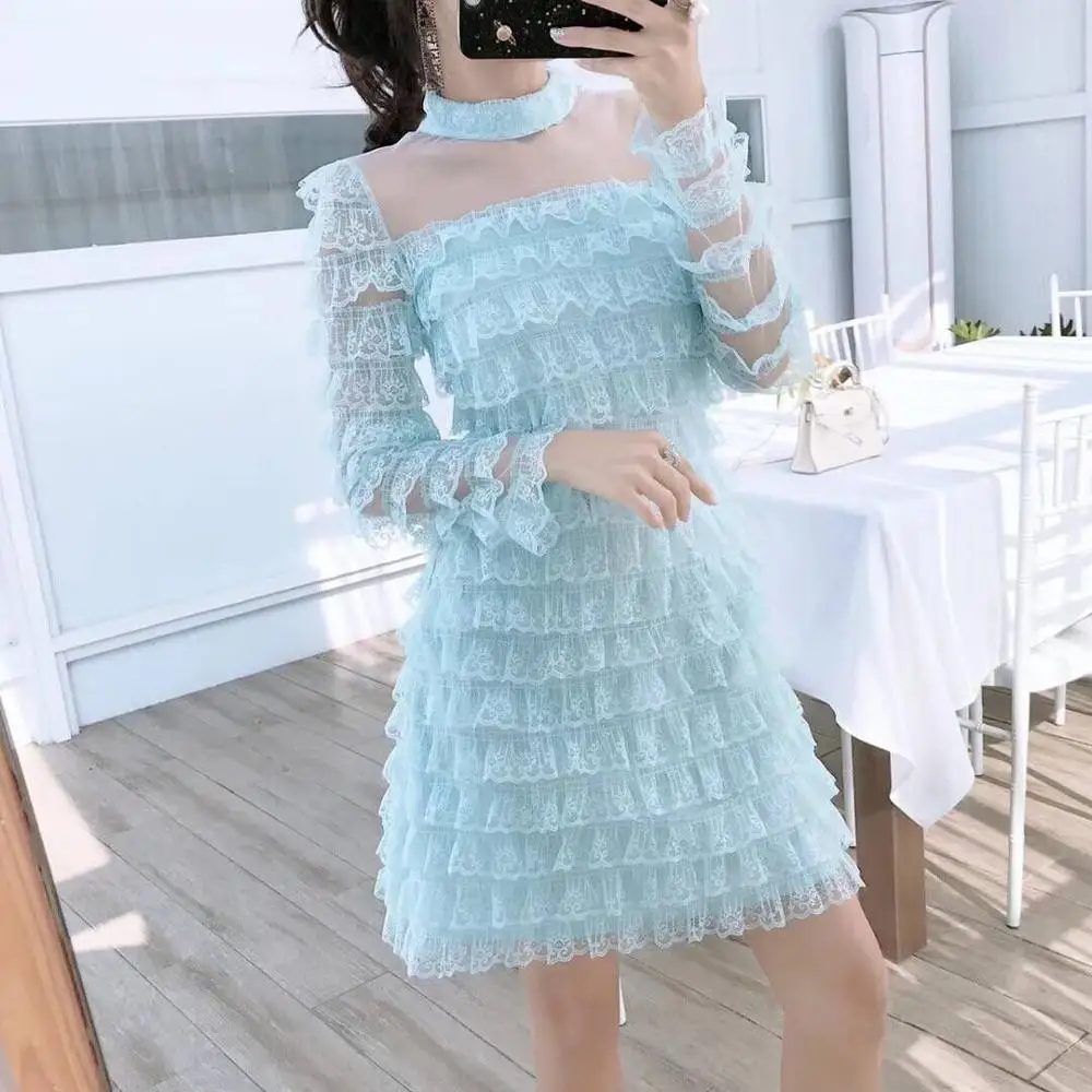 

Comelsexy 2019 Summner New Desgin Sweet Lace Women Long Sleeve Dress Female Early Small Stand Collar Cake Dresses Vestidos Robes