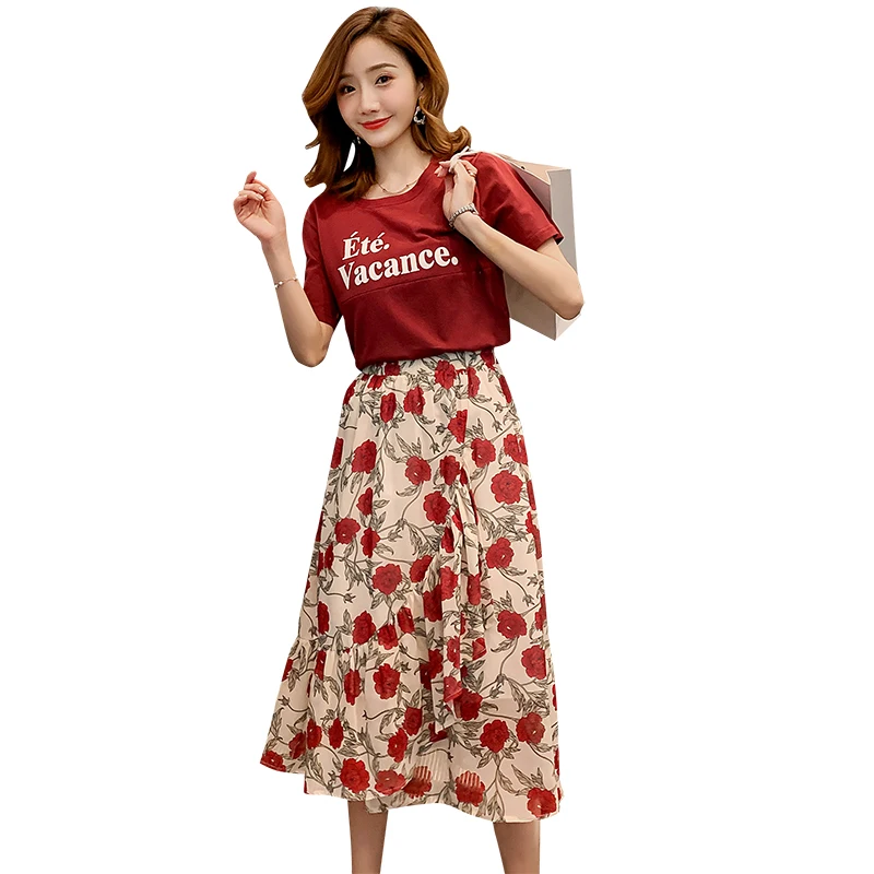 

2019 summer postpartum women lactation dress suits zipper nursing t-shirt+floral skirts twinset maternity breastfeeding clothes