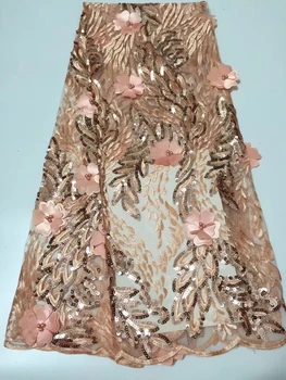 

Sequined French lace fabric, Nigeria 3D applique African wedding sequin mesh fabric evening dress CD29831