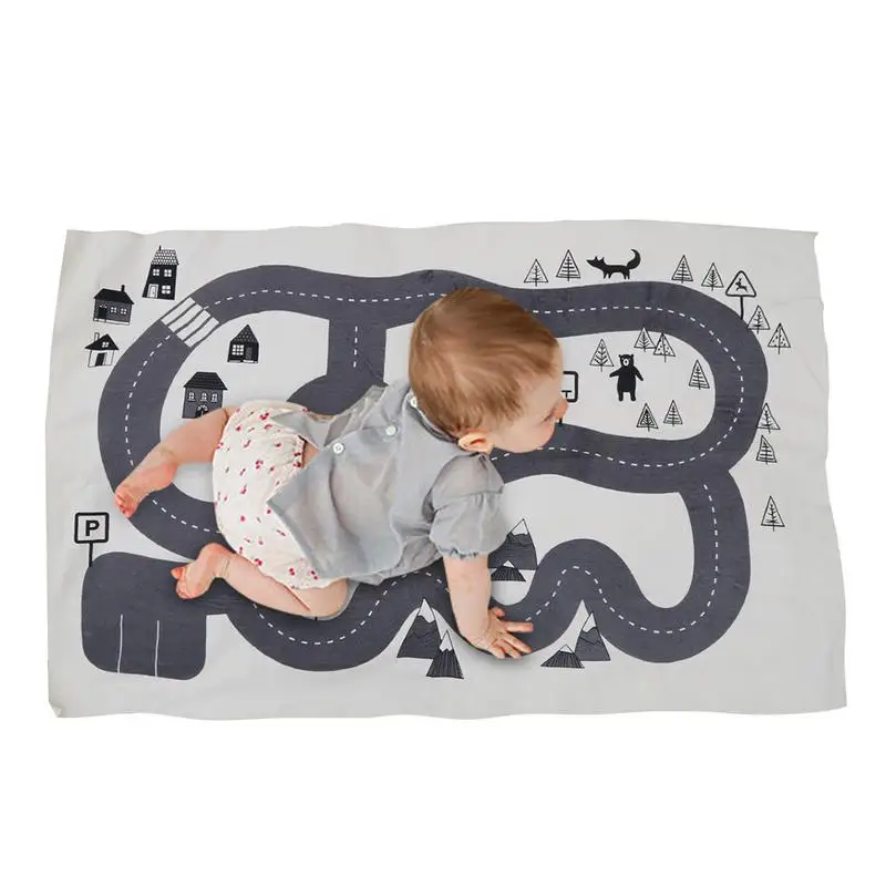 Kids Foldable Black And White Round Rug Nordic Canvas Forest Track Child Game Mat Blanket Children's Room Home Decoration Crawli