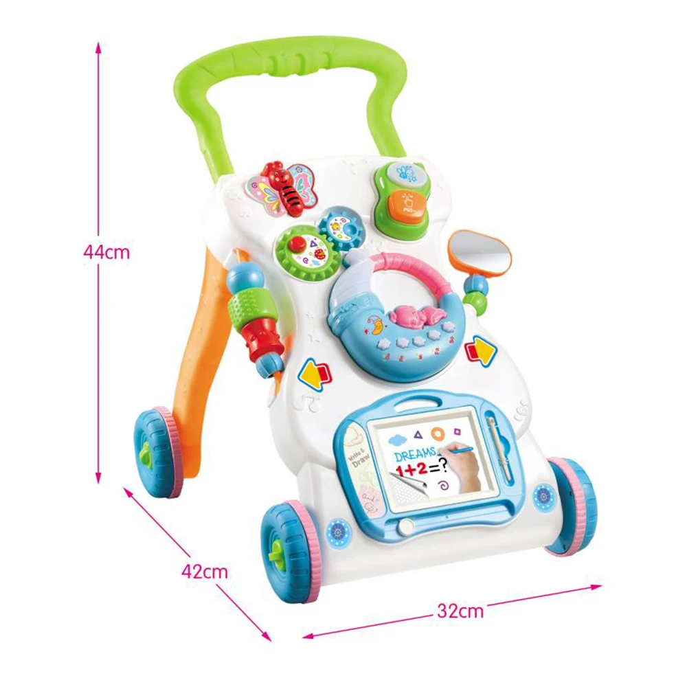 Многофункциональные детские ходунки, игрушки для малышей, на колесиках, сидящие на стойке, ABS музыкальные ходунки с регулируемой высотой для малышей