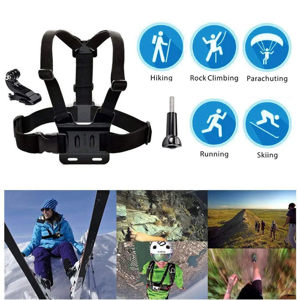 Chest Mount Harness Strap for Gopro Hero 6 5 4 3 3+ Session Black PC+ aluminum alloy Thumb Screw +J-Hook- Fully Adjustable Str