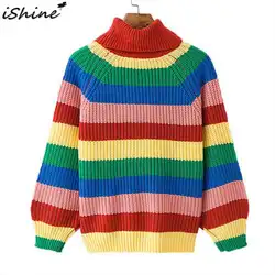 ISHINE 2019 европейский и американский стиль осень зима Радуга цветной Свободные Высокая шея с длинными рукавами вязаный свитер