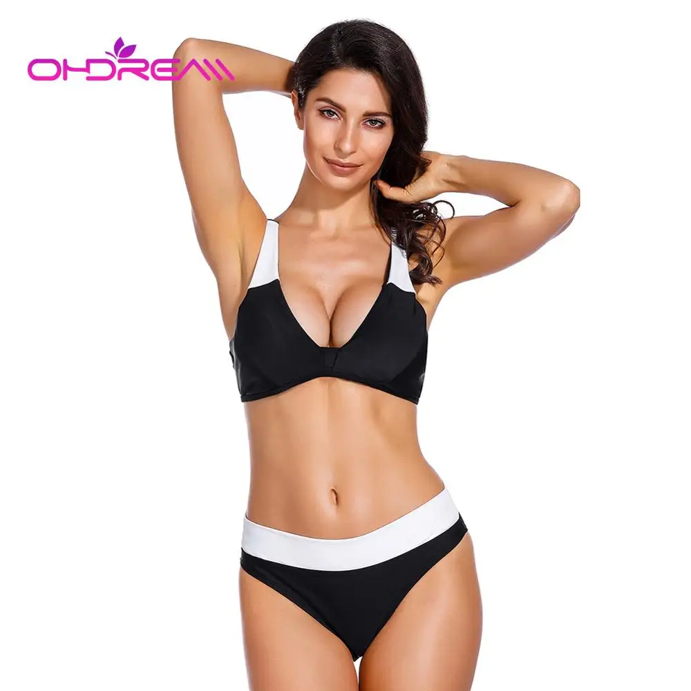

Pokich Women Colorblock Bikini Deep V Neck Padded Beachwear Separate Swimsuit Sexy Bathing Suit Black and White