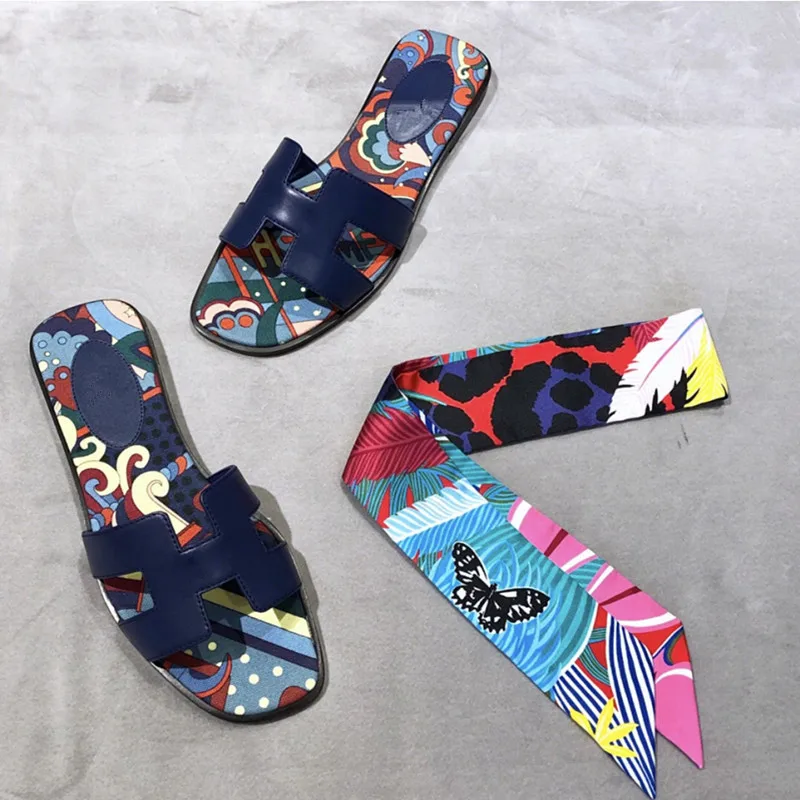 

19ss Rainbow Mixed Color Open Toe Summer Slippers Outside Slip On Soft Flat Slides Beach Shoes H Shape Lazy Casual Woman Shoes