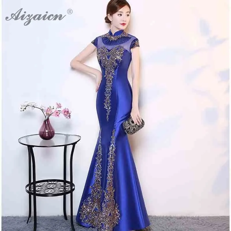 

New Moderm Green Embroidery Cheongsam Mermaid Tail Long Qipao Fsahion Sequins Dresses Women Chinese Evening Dress Oriental Style