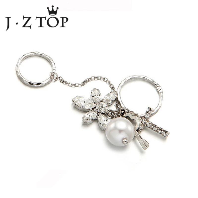 

JZTOP Luxury Crystal Flower Finger Ring Woman Fine Cross Imitation Pearls Knuckle Tassel Rings Girl Silver Color Wedding Jewelry