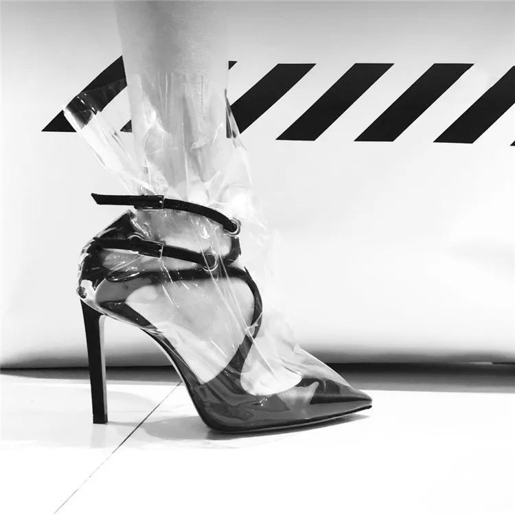 

2018 Hot Summer Shoes Woman Pumps Leather Super High Thin Heels Pointed Toe PVC Transparent Sexy Design Pumps Fashion Tipe Shoes