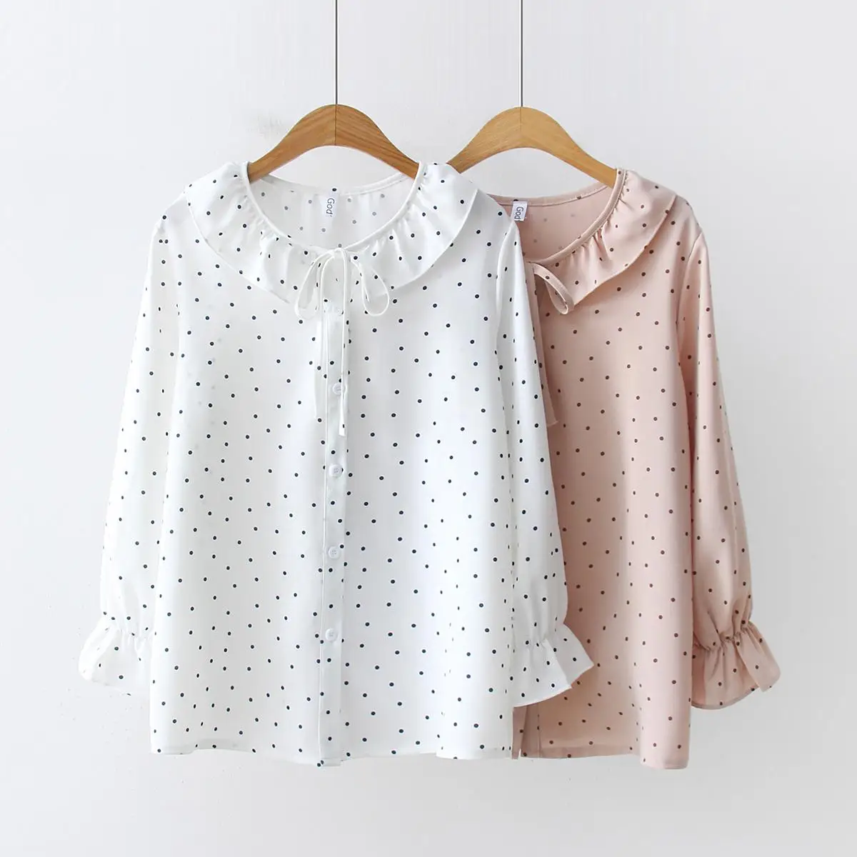 

Apricot,White Sweet Blusas Femininas Spring Women Long-Sleeved Polka Dot Elegant Blouse Doll Collar Chiffon Tops and Blouses