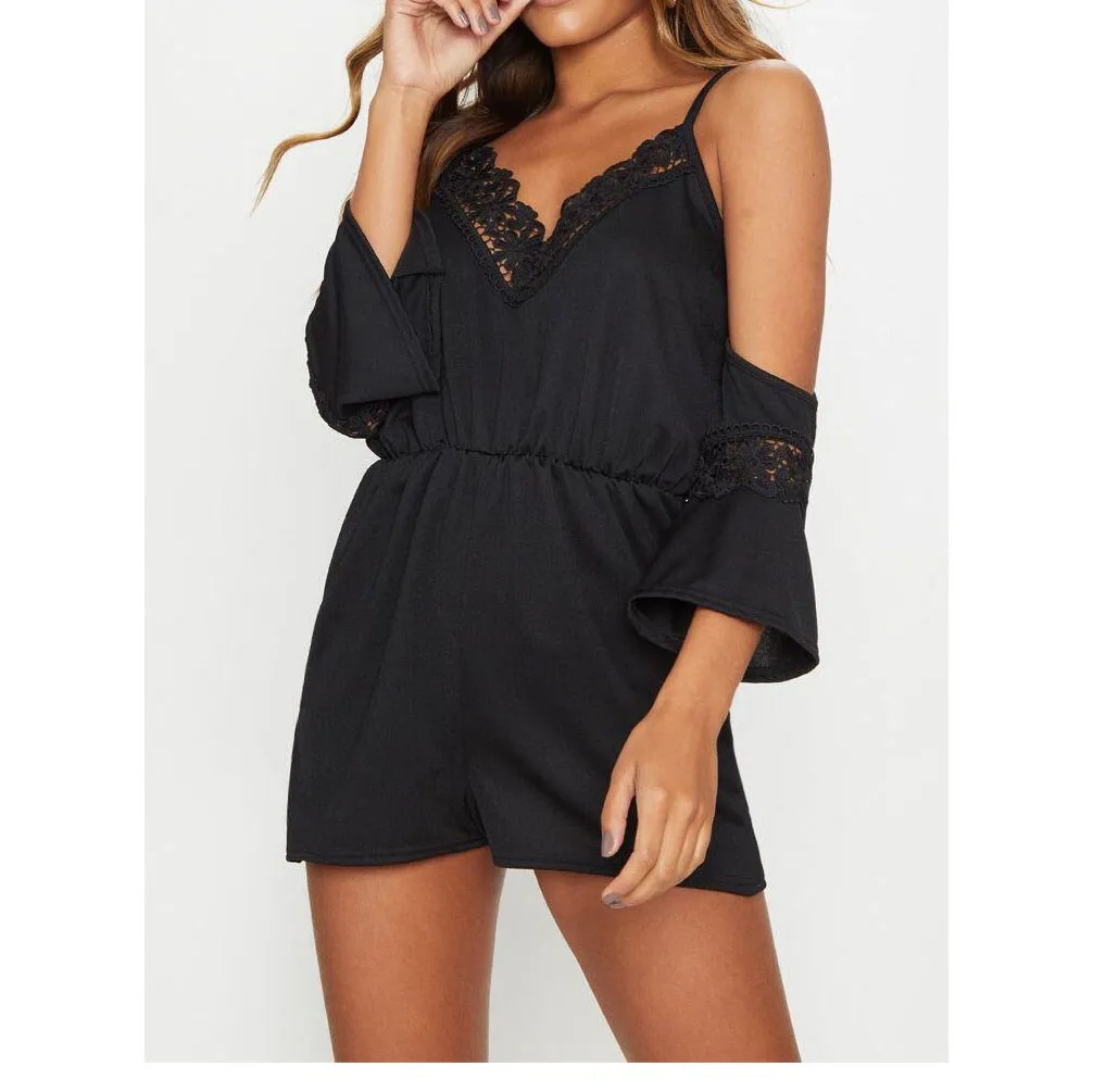 

2019 Summer Women Lace Jumpsuit Black Solid Cold Shoulder Hollow Jumpsuit Flare Sleeve Mid Waist Sexy Romper