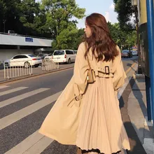 Spring Women Windbreaker Chic Long Coats Female Trench Coat Chiffon Splice Pleated Overcoat Thin Loose Outwear chic solid color flouncing pleated wearable chiffon pashmina for women